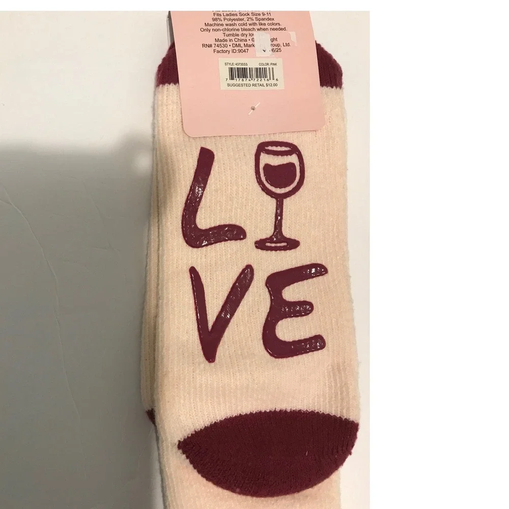 LeGale Pink Wine Glass Love Sherpa Lined Slipper Socks Non-Slip Grippers